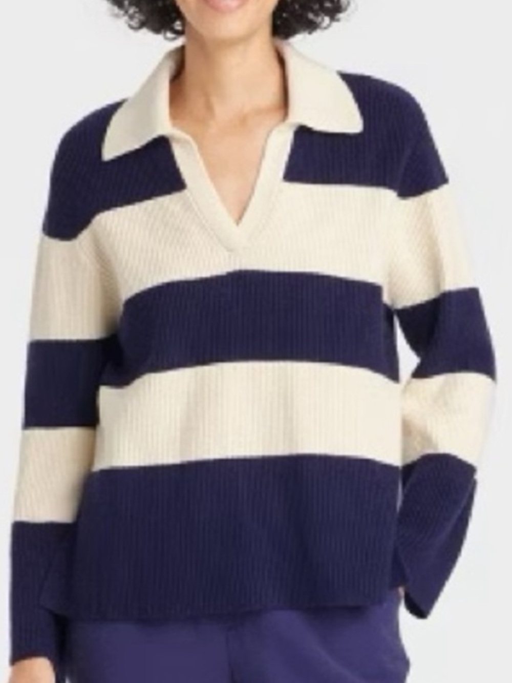 SKIES ARE BLUE Rugby Striped Navy and Cream Collared Pullover Sweater! L
